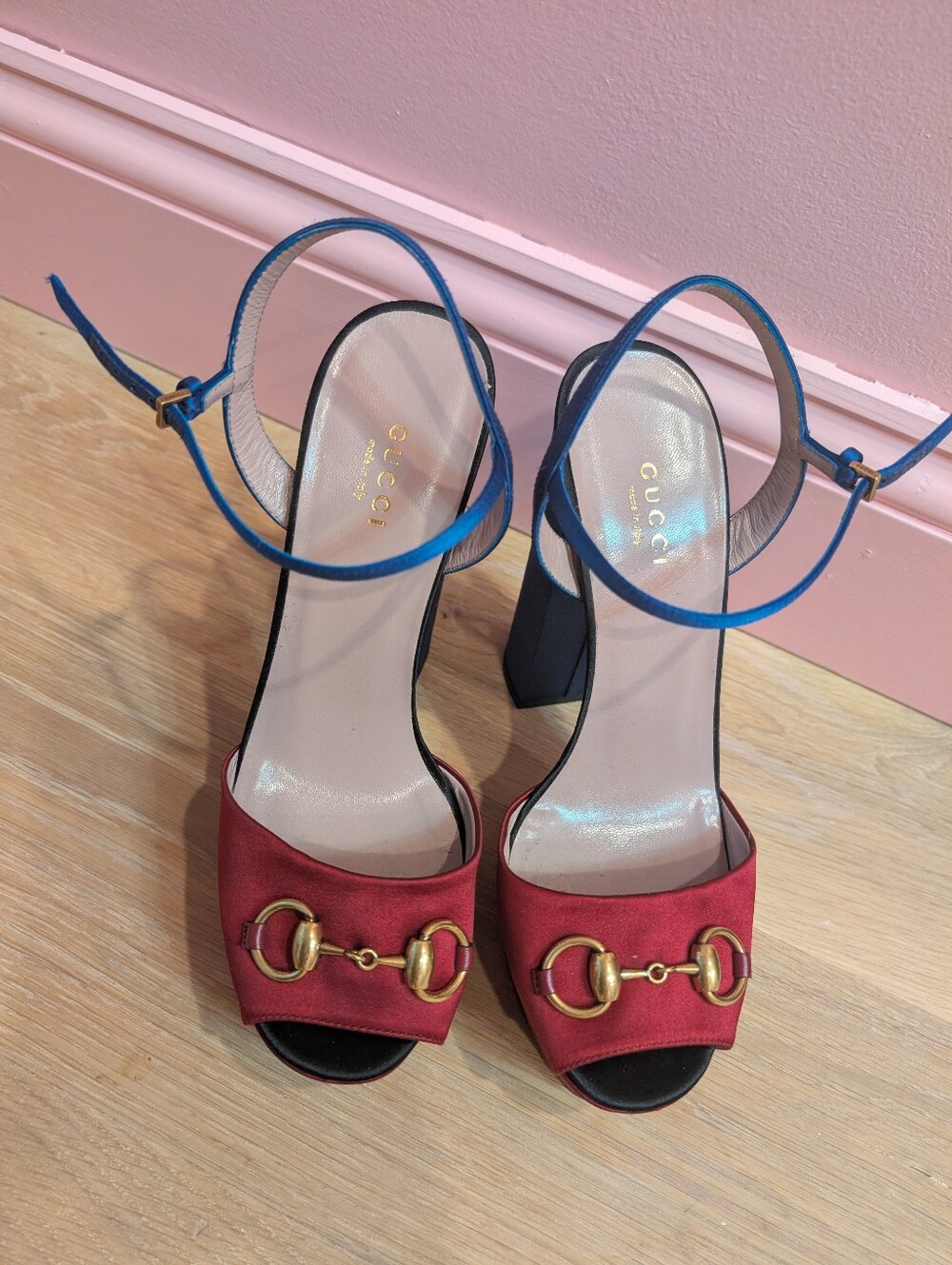 Gucci Claudie Horsebit Satin Platform Sandal Heel Blue Red/Burgundy38.5 Designer